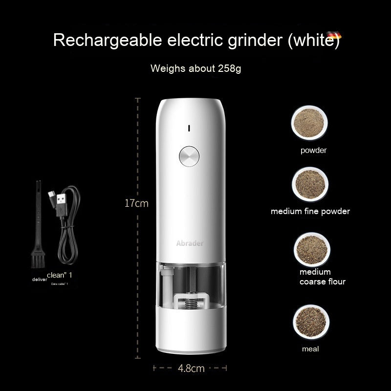 Rechargeable electric grinder with specifications and product details on a black background