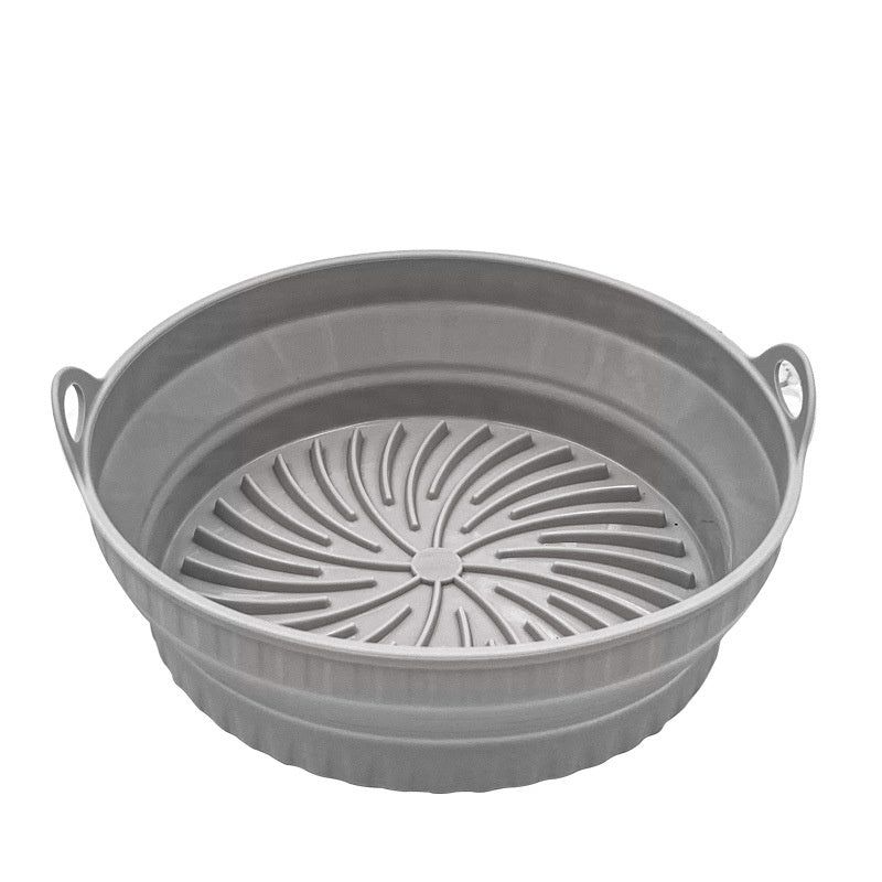 Gray collapsible basket with handles on a white background