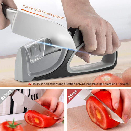 Knife sharpener being used on a knife, with before and after images of cutting a tomato.