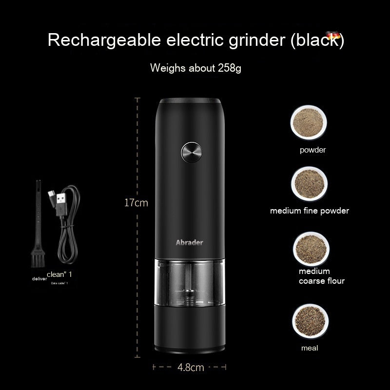 Rechargeable electric grinder with  dimensions, weight, and product details on a black background
