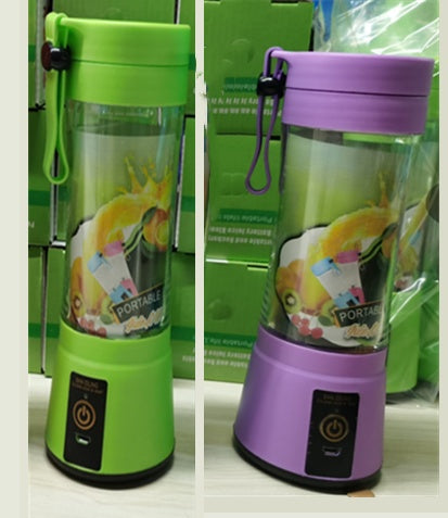 Two portable blenders, one green and one purple, with a colorful design on a white background.